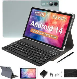 FESABOLE 2025 Latest 11 inch Android 14 Tablet, 18GB RAM, 128GB ROM, 1TB Expand, 2K Display, T616 Octa-Core, 5G WiFi, 13MP+5MP+5MP Camera, GPS, 9000mAh, Tablet with Case/Keyboard/Pen, Quad Speakers