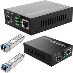 2Pack SFP LC SingleMode Fiber to Ethernet Media Converter, Included 2PCS Bidi SFP Dual LC Gigabit Transceiver Modules, 1.25Gbps, 1000Base-LX to 10/100/1000Base-TX, 1310nm, SMF, Up to 20KM Transmission