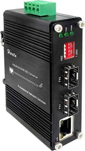 Industrial 10G SFP+ to SFP+ Ethernet Fiber Media Converter,10G OEO 3R Repeater Copper Fiber Extender up to 120km,2 x Open SFP+ + 1 x RJ45 Port,IP40,DIP Swicth,6KV Lightning Protection,12~48V DC Input