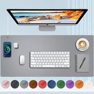 Desk Mat with Wireless Charging, Gray Mouse Pad with Wireless Charger, Desk Pad Desk Matt for Desktop, Mousepad Gaming Large Mouse Pad, Leather Computer Mouse Pad for Keyboard and Mouse, 32" x 16"