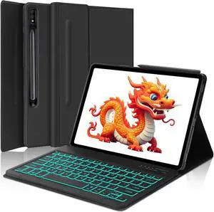 Galaxy S10+/S9 Plus Case with Keyboard 12.4 inch 2023,Compatible with Tablet S7 FE/S8 Plus/S7+ 5G, Detachable Bluetooth Keyboard| Smart 7 Color RGB Backlit| Slim Folio Cover with S Pen Holder Black
