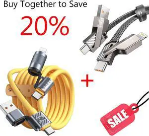 Jixivor 2 Pack 4 in 1 USB C Lightning Cable, [10ft-45W Flat Braided] [5ft-240W Soft Silicone] USB C to Lightning Charging Cord Anti-Tangle Fast Charging Cable Combo Lightning/Type C/USB A Ports