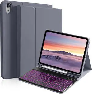 kenke for iPad 11/10th Gen Case with Keyboard 11/10.9 inch 2025 A16/2022, Detachable Wireless Bluetooth Keyboard Case with Left Side Pencil Holder, Backlit Black Square Keycaps (Purple)