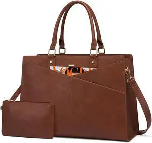 LOVEVOOK Laptop Tote Bag for Women, Leather Business Office Work Bag Computer Briefcase with Small Clutch fit for 15.6 Inch Laptop Retro Brown