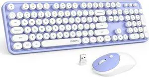 Wireless Keyboard and Mouse Combo, MOWUX Full Size Typewriter Retro Round Computer Keyboard, Mouse Wireless, Plug and Play, for Laptop, PC, Computer- Purple