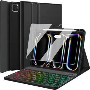 Nanhent Keyboard Case for iPad Pro 11 Inch 2024(M4, 5th Gen), Built-in Pencil Holder, HD Tempered Glass Screen Protector, 7 Color Rainbow Backlight Detachable Bluetooth Keyboard Cover (Black)