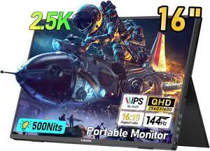 2.5K 144Hz Portable Gaming Monitor 16", 2560x1600, Plug & Play, 100% sRGB, 500nits, 16:10, Eye Care Second Computer Display with Speakers for Laptop, PC, Mac, PS4/5, Switch, Xbox, USB-C/HDMI, (K16G)