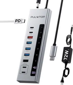 PULWTOP Powered USB C Hub, 10-in-1 USB C Powered Hub with 3 x USB A/C 10Gbps, 3 x USB-A 5Gbps, USB A 2.0, 100W USB-C PD-in, 2 x 24/45W USB-C PD Charging Data Hub for PC Laptops (72W Adapter Included)