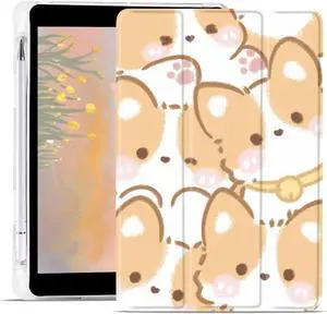 JOYLAND Cute Corgi Pad Case for 12.9 Inch iPad Pro 2022/2021/2020/2018, Clear TPU Smart Stand Back Cover with Pencil Holder, Auto Wake/Sleep Foldable Shockproof Protective Case