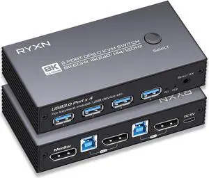 8K DP KVM Switch Displayport 1 Monitors 2 Computers, DP 2.0 KVM Switches Share USB 3.0 Devices with 4 USB hub, Support 8K@60Hz, 4K@240Hz/175Hz/144Hz, with Extension Control Switch and 2 DP Cables