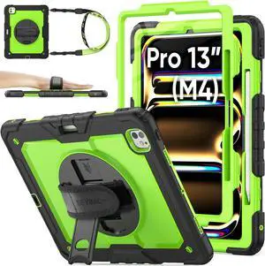 SEYMAC stock Case for iPad Pro 13 inch M4 Case 2024, Shockproof Protective Case with Pencil Holder Screen Protector, 360 Rotate Stand Case with Adjustable Hand Strap/Shoulder Strap, Green