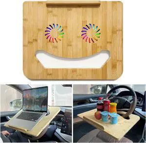Smiley Car Steering Wheel Laptop Cooling Folding Desk,Quiet Cooling Fan with Colored Lights,Truck&Car Writing Surface,Tablet Table-Minivan Tray,Automobile Lunch Tray/Vehicle Desk for 13"-16" Laptops