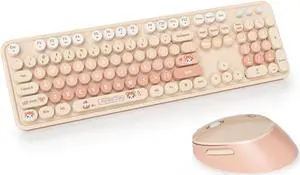 2.4G USB Wireless Keyboard and Mouse Combo, Multi-Color Typewriter Style Round Keycap, Cute Candy Colors, Compatible with Notebook, PC (Milk Tea-B)