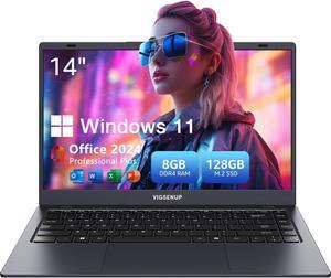 VIGSENUP Laptop, Laptop Computer 14 inch HD Display, Quad-Core N5095 Up to 2.9 GHz, 8GB RAM 128GB SSD Laptops, Preinstall Office Pro Plus 2024, 2.4G/5G WiFi, BT 5.0, USB 3.0, Webcam, Long Battery Life