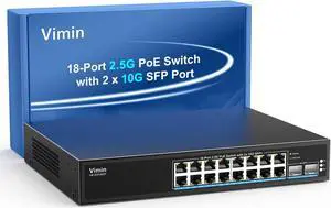 16 Port 2.5G PoE Switch Unmanaged with 2X 10Gbps SFP, VIMIN 16x 2.5G Base-T PoE Ports, 10G SFP PoE Switch w/ 120Gbps Ethernet Switching Capacity, IEEE802.3af/at, 250W, VLAN, Metal Housing, Fanless