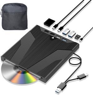 Wbacon 8 in 1 External CD/DVD Drive for Laptop, Slot-Loading External DVD Drive, CD Burner External CD Drive for Laptop USB-A USB-C, Portable CD/DVD Writer for Laptop & Desktop(+Carrying Case)