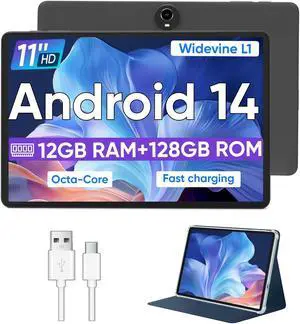 WXUNJA Android 14 Tablet 11 Inch Tablets, Octa Core Unisoc T606 Android Tablet, 12GB RAM + 128GB ROM, Widevine L1, 8000mAh Battery, WiFi/GPS Tablet PC - Black