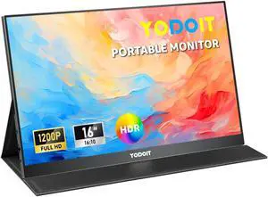 Yodoit Portable Monitor for Laptop 1920x1200 16" Travel Monitor FHD Screen IPS Display with USB Type C Port, Built-in Speakers and Smart Cover Compatible with PC, MacBook, Xbox (Black)