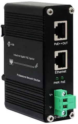 E-link Hardened Industrial Gigabit PoE++ Injector 48VDC Input PoE++ 60W up to 100 Meters Output DIN- Rail Wall Mount -40degC to 80degC IP40 5