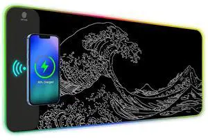 ToLuLu RGB Wireless Charging Gaming Mouse Pad, 7.5/10/15W 10 Light Modes LED Mouse Pad Computer Keyboard Mat Mousepad, 800x300x4MM Extended Large Desk Pad Mat, Japanese Kanagawa Sea Wave Black White
