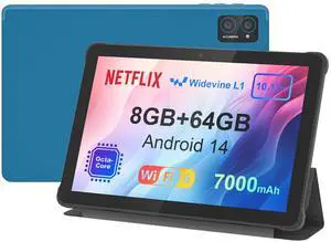 10 inch Android 14 Tablet: 8GB+64GB+1TB Expandable, Widevine L1 Netflix Certified, 8-Core CPU A523 Android Tablet, 7000mAh Battery, OTG Face Recognition Metal Body + Stand Case