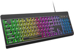 MOWUX Large Print Backlit Keyboard, Multiple Color Rainbow LED Backlit Large Size USB Wired Computer Keyboard, Full Size Multimedia Keyboard for Windows Desktop, Laptop, PC