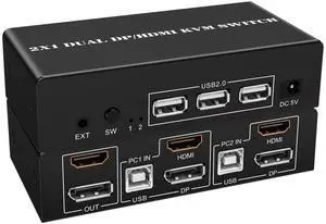 Wiistar HDMI DP KVM Switch 2 Monitors 2 Computers 4K@60Hz Dual Monitors 2 Computers HDMI+Displayport KVM Switch for 2 Computer Share 2 Display and 3 USB2.0 Devices Wired Remote and 4 Cables Included