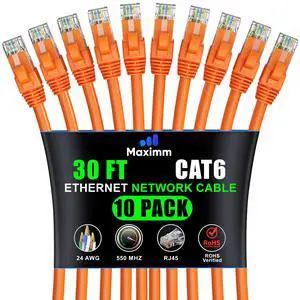 Maximm Cat 6 Ethernet Cable 30 ft (10-Pack) - High-Speed LAN Cable, Internet Cable, Patch Cable, and Network Cable - UTP, 10Gbps, 550MHz Ethernet Cord - Orange