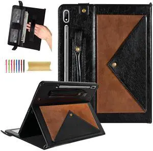 Dteck Case for Galaxy Tab S10 Plus/S9 FE Plus/S9+/S8+/S7 FE/S7+ 12.4",Business PU Leather Fold Stand Protective Cover with S Pen Holder Shoulder Hand Strap Card Slots Bag Wallet Cover,Coffee/Black