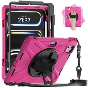 KIQ Shield Case for iPad Pro 13 Case 2024 M4 fits iPad Pro 7th Generation Case Heavy Duty Hybrid Hand/Kick Stand Shoulder Strap - Hot Pink