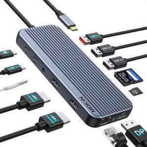 USB C Docking Station for 8K Single Monitor Display, 4K Triple Monitors Display with Dual HDMI, DisplayPort, USB 3.1, USB C 3.1, 2*USB 2.0, SD & MicroSD Slot, Audio & Mic Jack, Ethernet, PD Charging