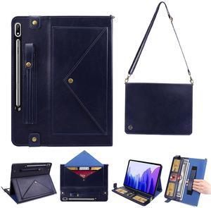Tablet Carrying Shoulder Bag Case for Samsung Galaxy Tab S10 Ultra/S9 Ultra/ S8 Ultra 14.6",Retro PU Leather Hand Strap Crossbody Shoulder Strap Cards Holder Pocket S Pen Holder Stand Case,Blue