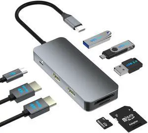 Docking Station Dual Monitor for Dell/HP/Lenovo/Mac Laptop, USB C Laptop Docking Station Dual Monitor, Dual HDMI Adapter for 2 Monitors, 8 in 1 USB C Hub Multiport Adapter with HDMI/USB/PD/SD/TF