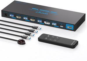 4K144Hz KVM Switch 4 Computers 1 Monitor USB3.0 DisplayPort+2HDMI+USB C KVM Switches 4 Ports for 4 Computers Share 1 Monitor and Keyboard Mouse etc. with Wireless Controller