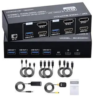 8K HDMI + Displayport KVM Switch 2 Monitors 2 Computers Dual Monitor KVM Switcher PC Extended Display for 2 Port Share 4 USB 3.0 Support 4K@120hz 8K@60hz