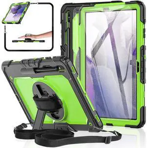 BASE MALL Tablet Case for Samsung Galaxy Tab S8 Plus 2022/S7 FE/S7+ Plus 12.4-inch [with Tempered Glass Screen Protector],Rotatable Kickstand, S Pen Holder, Hand/Shoulder Strap (Green)