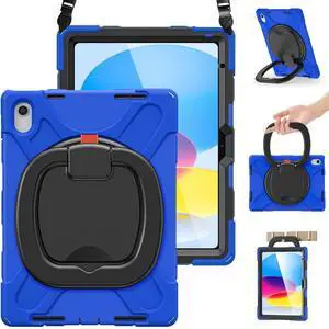 BRAECN Case for iPad 10th Generation 2022 10.9 Inch A2696 A2757 A2777-Rugged Silicone Cover for iPad 10th Gen w/Pencil Holder/Swivel Ring Stand/Screen Protector/Stable Kickstand/Shoulder Strap, Blue