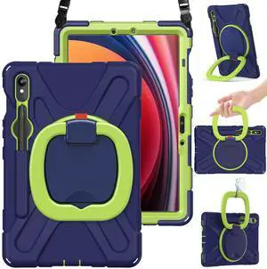 BRAECN Kids Case for Samsung Tab S9 FE 10.9"/ S9 11" 2023 SM-X510/X710 with S Pen Holder, 360degSwivel Kickstand, Shoulder Strap, Heavy Duty Protective Silicone Case for Galaxy Tab S8/S7, Navy Green
