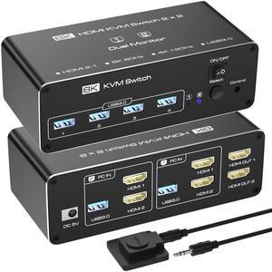 KVM Switch 2 Monitors 2 Computers, HDMI KVM Switches 8K@60Hz, USB 3.0 KVM Switches for 2 Computers Share Dual Monitor and 4 USB Devices, DisplayPort KVM with Wired Controller Support Extend/Copy Mode