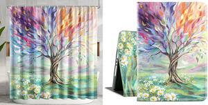 CutebriCase Shower Curtain for Bathroom +ipad 9.7 case for iPad 6th/5th Generation/iPad Air 2 case with Oil Painting Tree Pattern Set