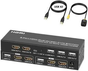 DGODRT Dual Monitor HDMI KVM Switch 4K@60Hz, 2 Port HDMI USB Extended Display Switcher for 2 Computers Share 2 Monitors and 3 USB 2.0 Ports, Including 2 USB Cables