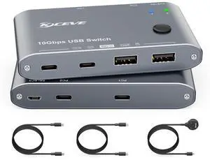 10Gbps USB C Switcher 2 Computers Share 2 USB-C & 2 USB-A Devices 2 Laptops USB-C Switch for Keyboard Mouse Camera USB Headphone Microphone, USB Switch with 2 USB-C Data Cables and Wired Remote