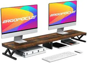 ErgoFocus Dual Monitor Stand Riser, Large Wood Monitor Riser for 2 Monitors, Monitor Lift with Storage for Desk, Sturdy Wood&Steel Multi Screen Stand, Desktop Organizer Monitor Stand for Computer