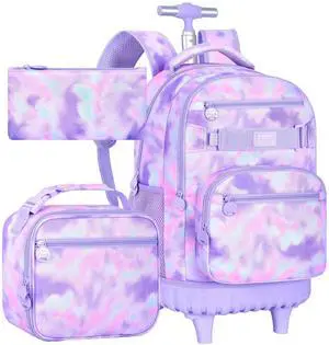 FTJCF 3Pcs Rolling Backpack for Girls, 19 Inche Women Roller Bag with Wheels for Adults, Wheeled Bookbag with Lunch Box(Purple)