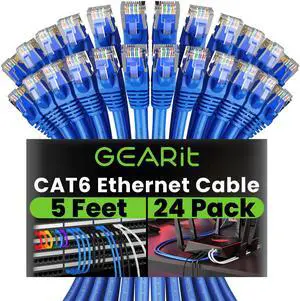 GearIT Cat 6 Ethernet Cable (24-Pack 5 Feet) Cat6 Network Patch, 10Gbps, RJ45, Snagless Cord, Gold-Plated Connectors, Internet for PC, TV, Tablet, Router, Printer, Servers, IT Data Center - Blue