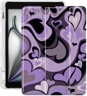 Idocolors Cute Heart Pad Case for 10.2 Inch iPad 9th/7th/8th Generation, Clear TPU Triple Adjustable Stand Back Cover with Pencil Holder, Auto Wake/Sleep Anti-Scratch iPad 2021/2020/2019 Case