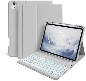 KenKe for iPad 10th Generation (10.9 Inch 2022) / iPad (A16) 11th (11 inch 2025) Keyboard Case with Right Pencil Holder, 7 Color Backlight Round Cap with Wireless Detachable Keyboard, Gray
