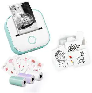 Memoking T02 Portable Small Printer with 3 Rolls Paper, Sticker Printer Machine for Study, Notes, Pictures, Photos, Journals, DIY and 2-Year White Sticky Paper, Green