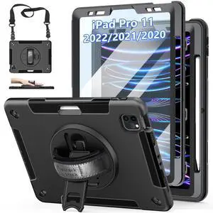 Case for iPad Pro 11 Inch 2022/2021/ 2020/2018: Cover for iPad 11 Inch 4th/ 3rd/ 2nd/ 1st Generation with Screen Protector- Stand- Handle- Shoulder Strap- Pencil Holder Black