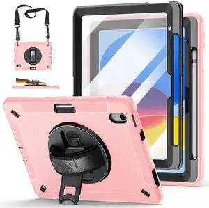 Case for iPad 10th Generation 2022:Miesherk Stock Military Grade Shockproof Rugged Case for iPad 10th Gen 10.9'' W/Screen Protector,Rotate Stand,Handle,Shoulder Strap,Pen Holder (Black Pink)